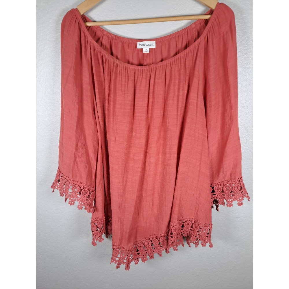 Westport Terracotta Coral Lace Trim Off Shoulder Peasant Top 3X Boho Blouse